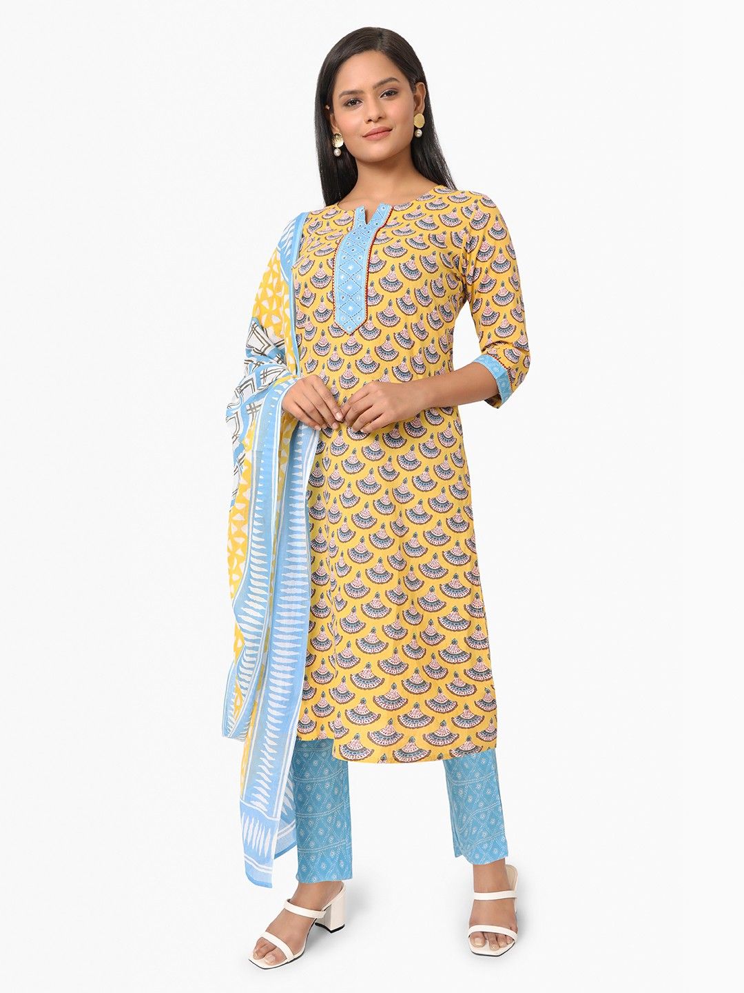 Yellow Kurta, Salwar & Dupatta Set | Printed
