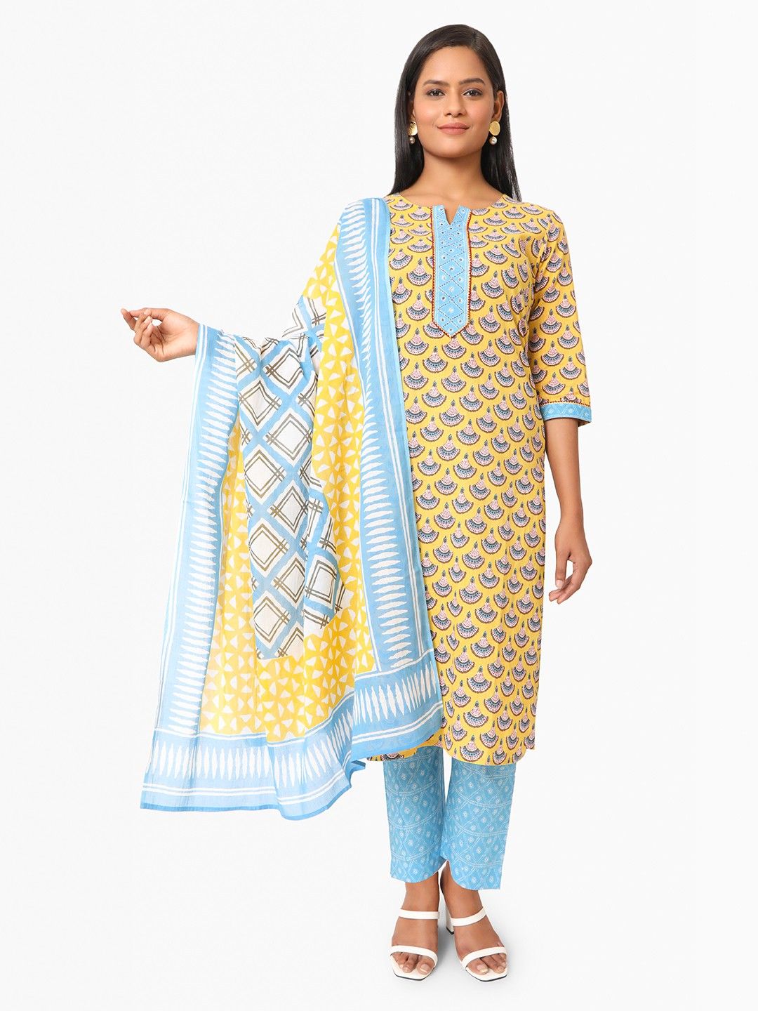 Yellow Kurta, Salwar & Dupatta Set | Printed