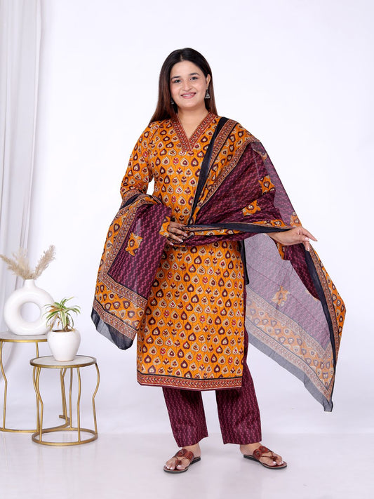 Gold Kurta, Trouser/Pant & Dupatta Set | Printed