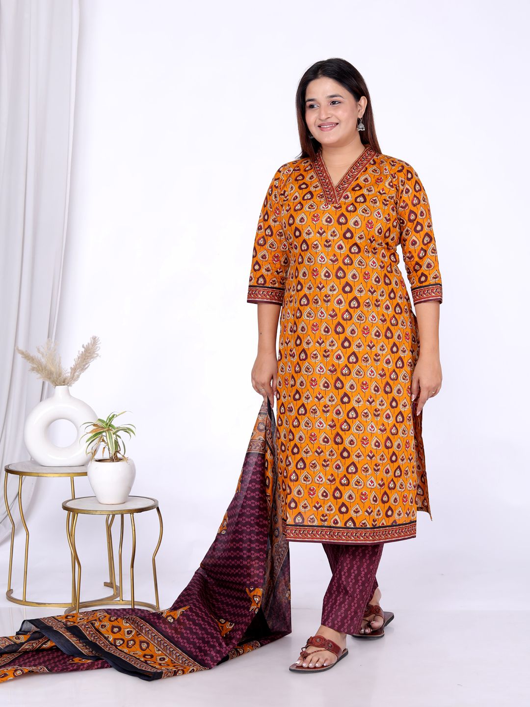 Gold Kurta, Trouser/Pant & Dupatta Set | Printed