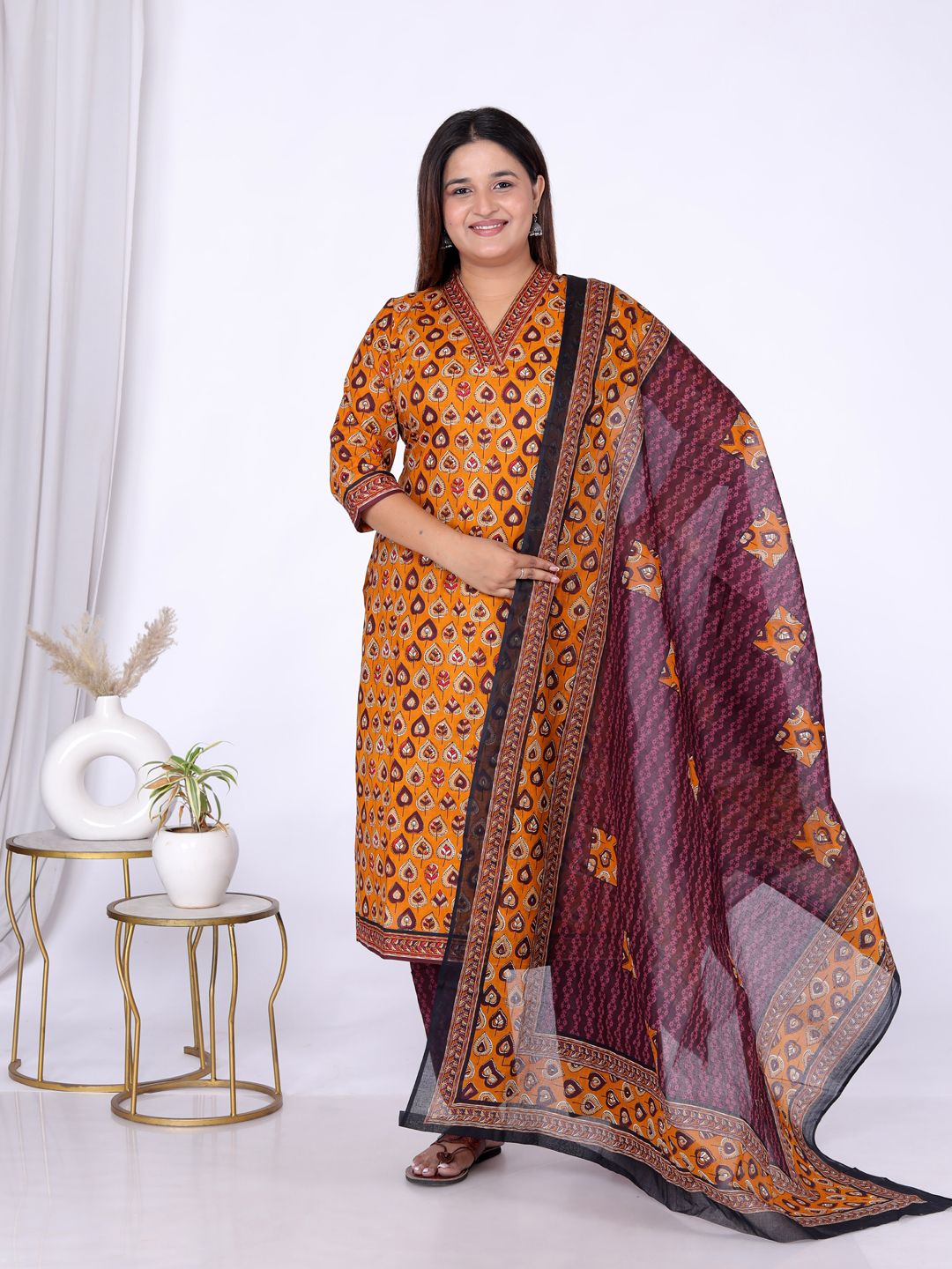 Gold Kurta, Trouser/Pant & Dupatta Set | Printed