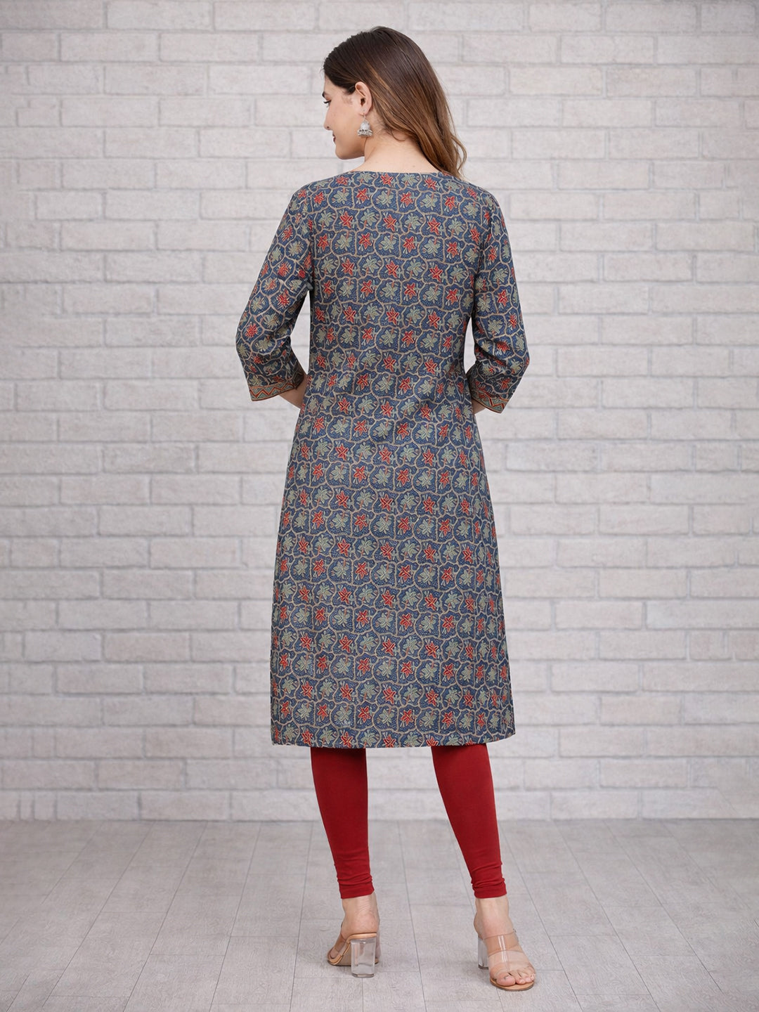 Blue Floral Printed Cotton Kurta