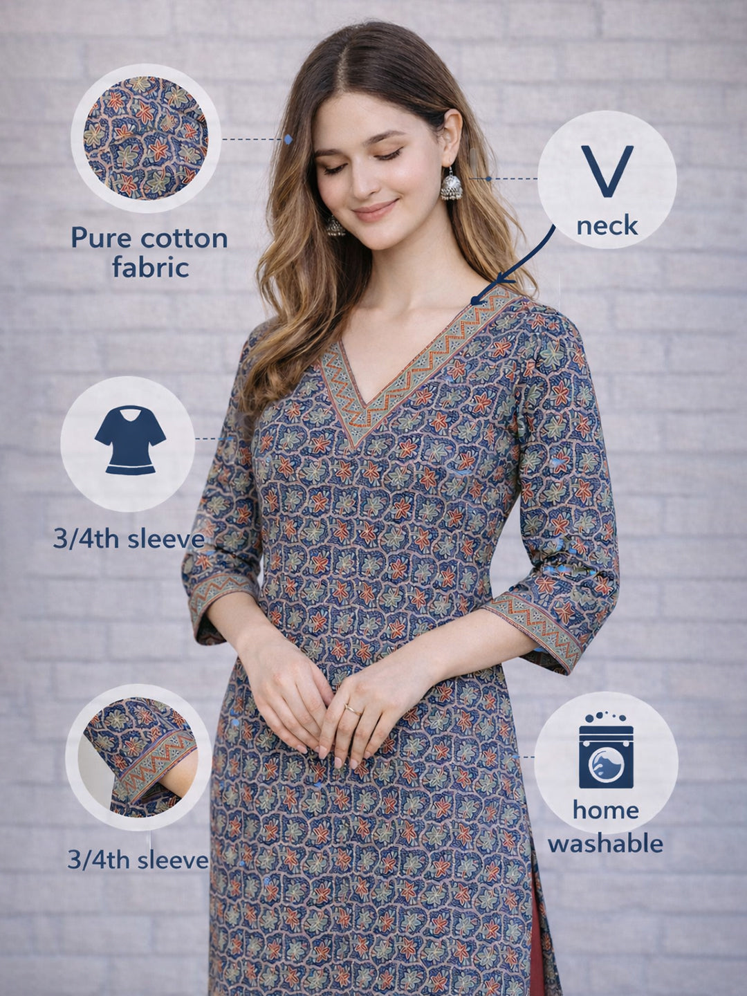Blue Floral Printed Cotton Kurta