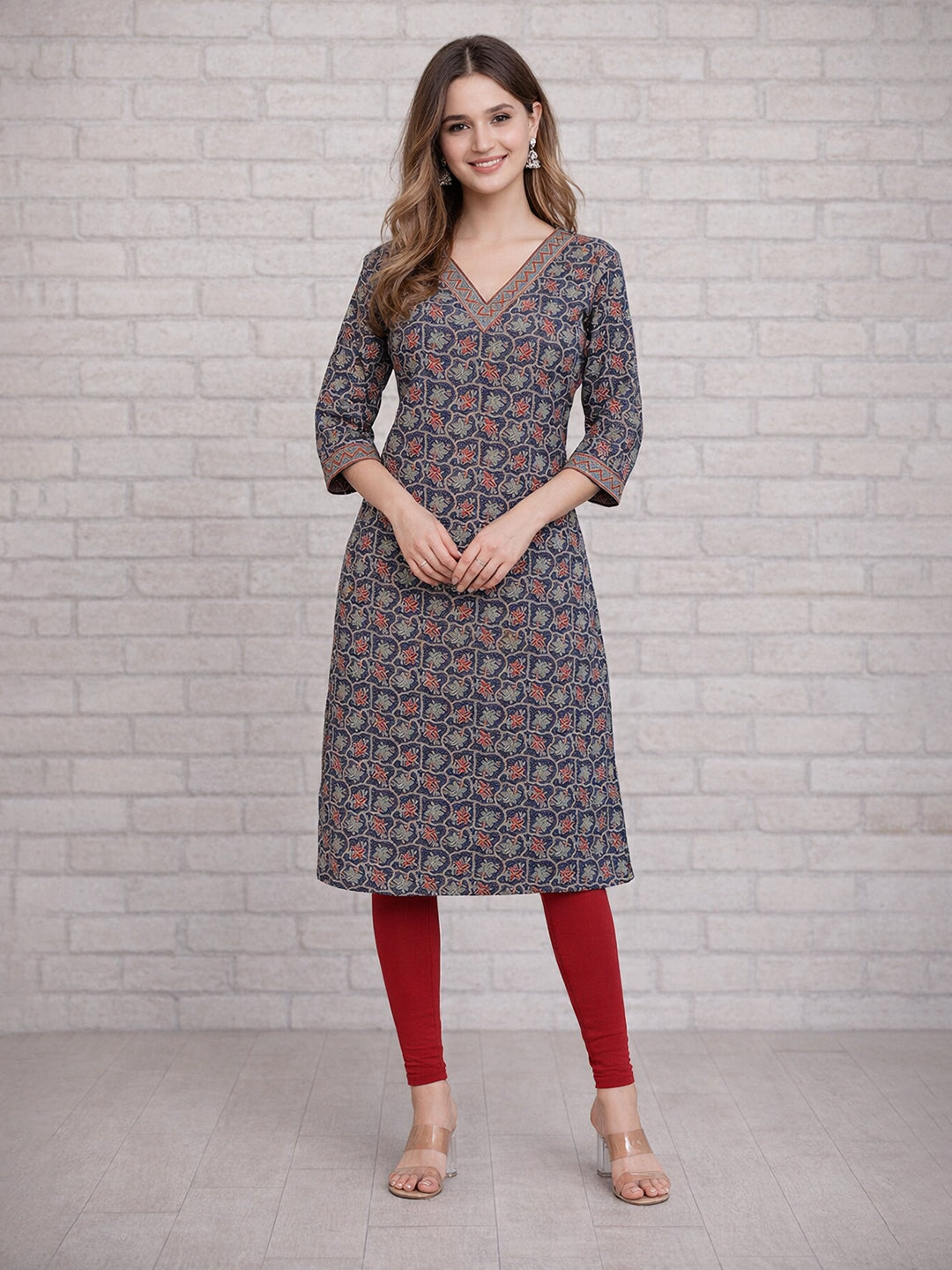 Jevi Prints Blue Floral Printed Cotton Kurta