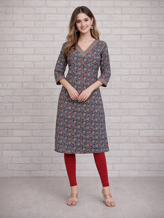 Jevi Prints Blue Floral Printed Cotton Kurta