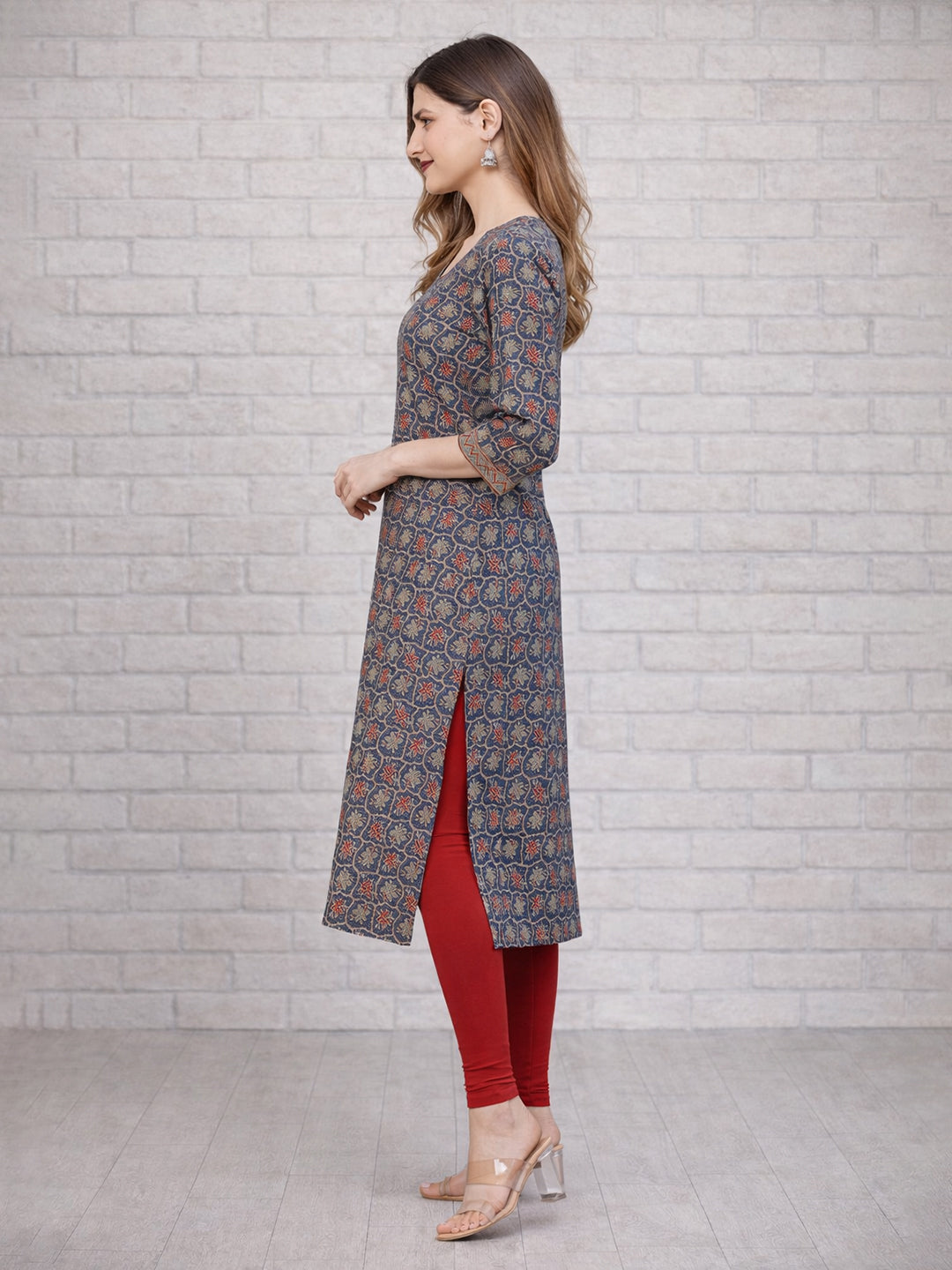 Blue Floral Printed Cotton Kurta