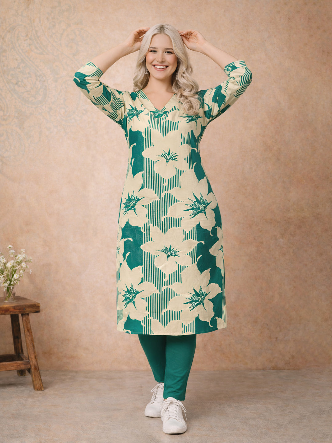 Green Leaf Printed Cotton Kurta