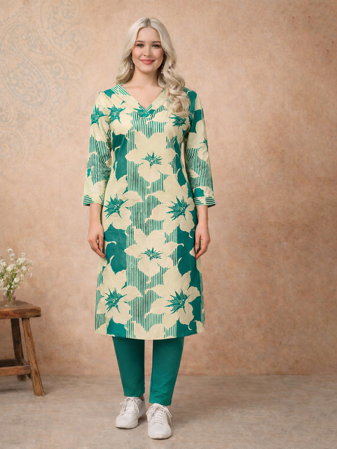 Jevi Prints Green Leaf Printed Cotton Kurta