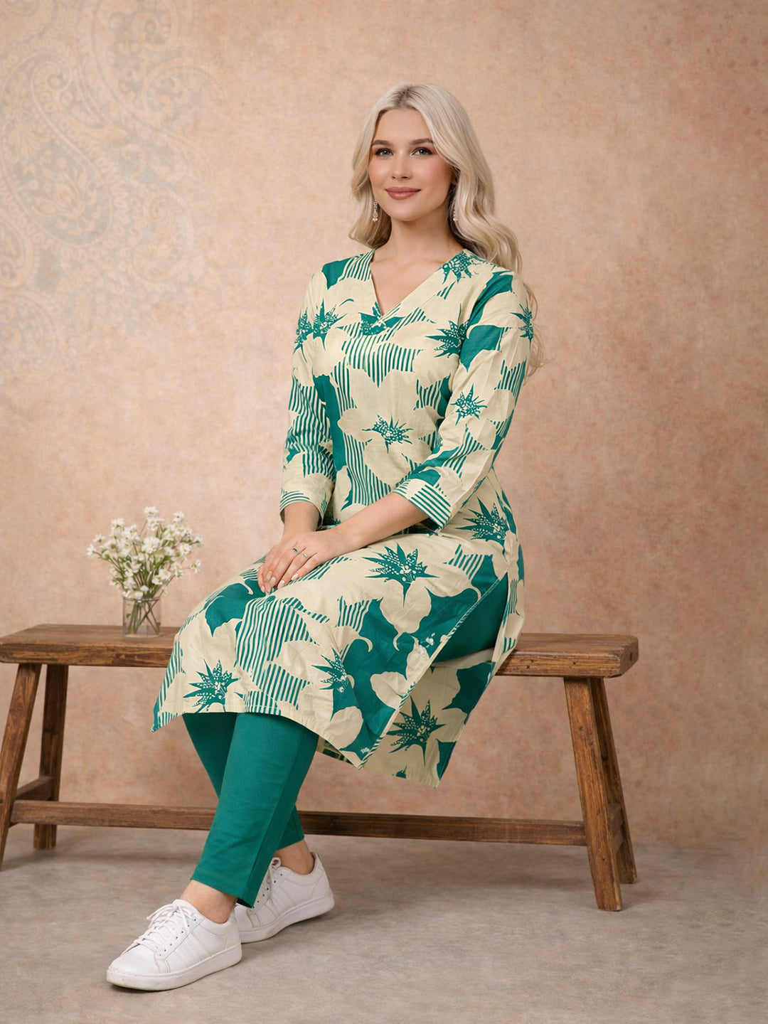 Green Leaf Printed Cotton Kurta