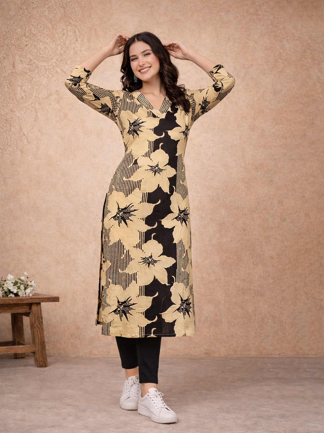 Black Floral Printed Cotton Kurta