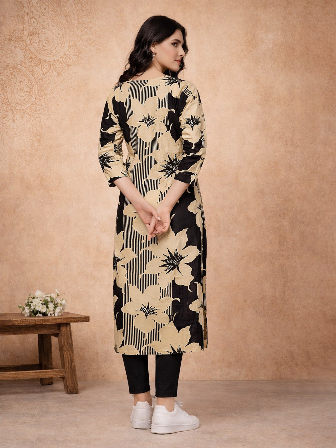 Black Floral Printed Cotton Kurta