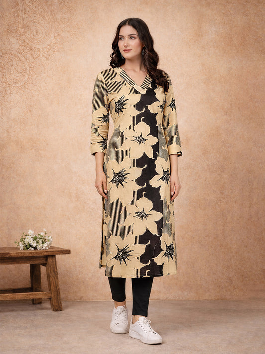Jevi Prints Black Floral Printed Cotton Kurta