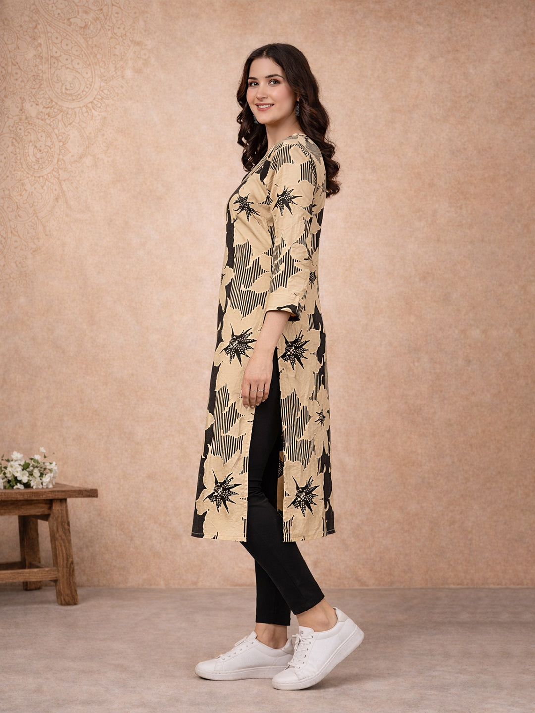 Black Floral Printed Cotton Kurta