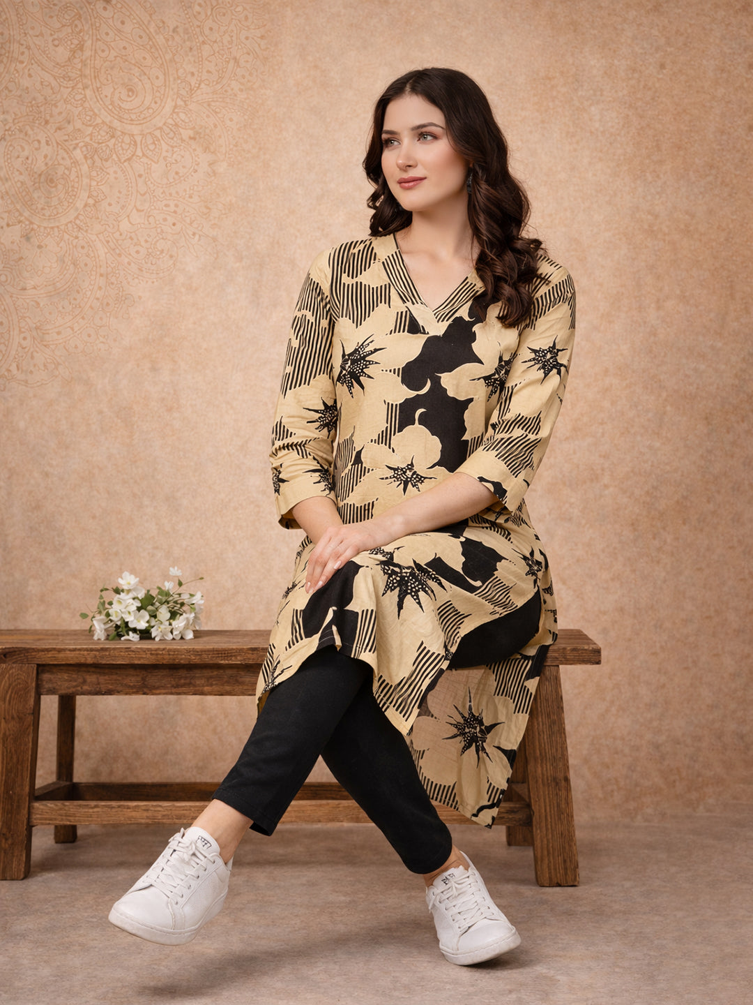 Black Floral Printed Cotton Kurta