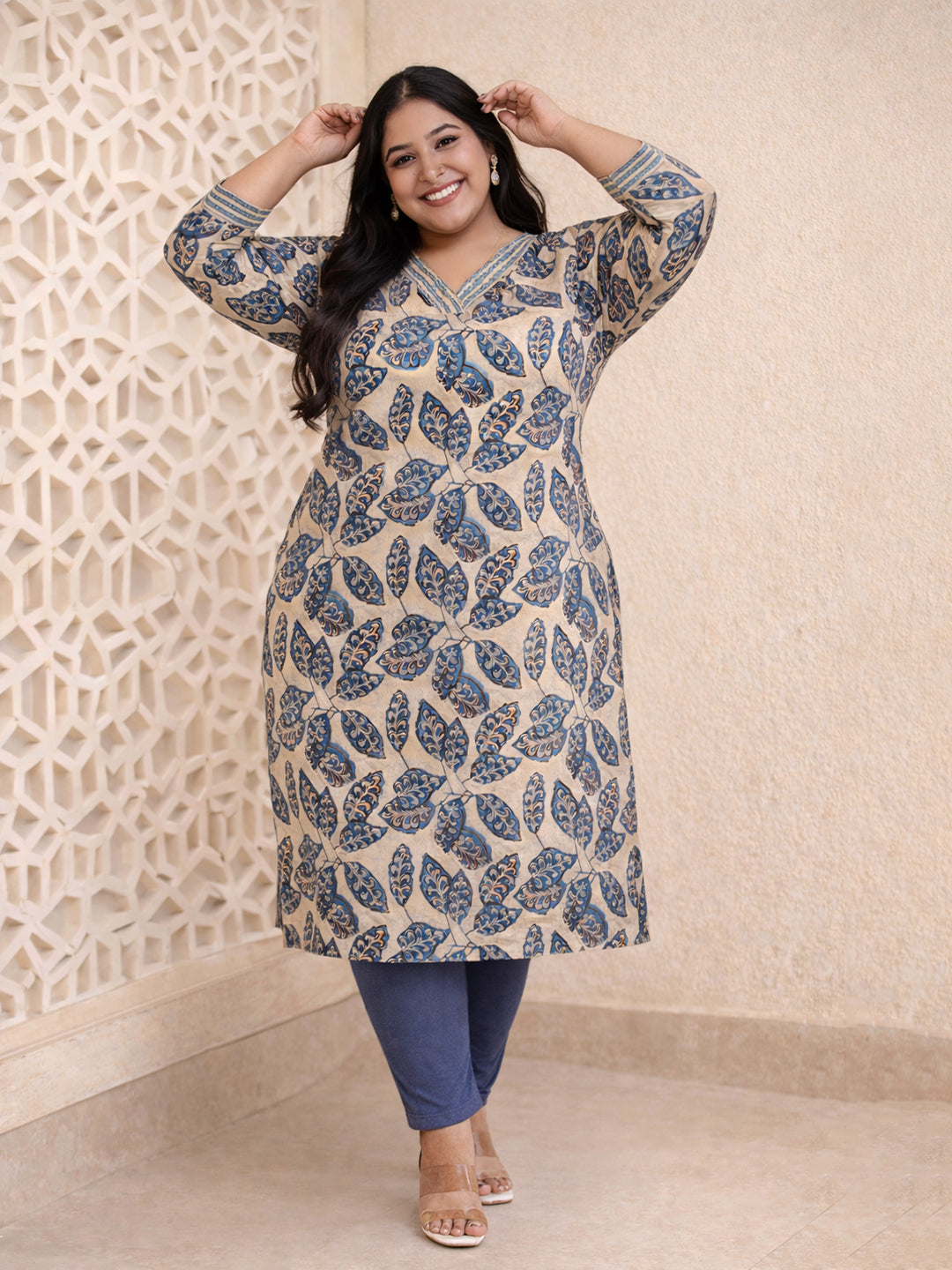Grey Ethnic Printed Cotton Kurta