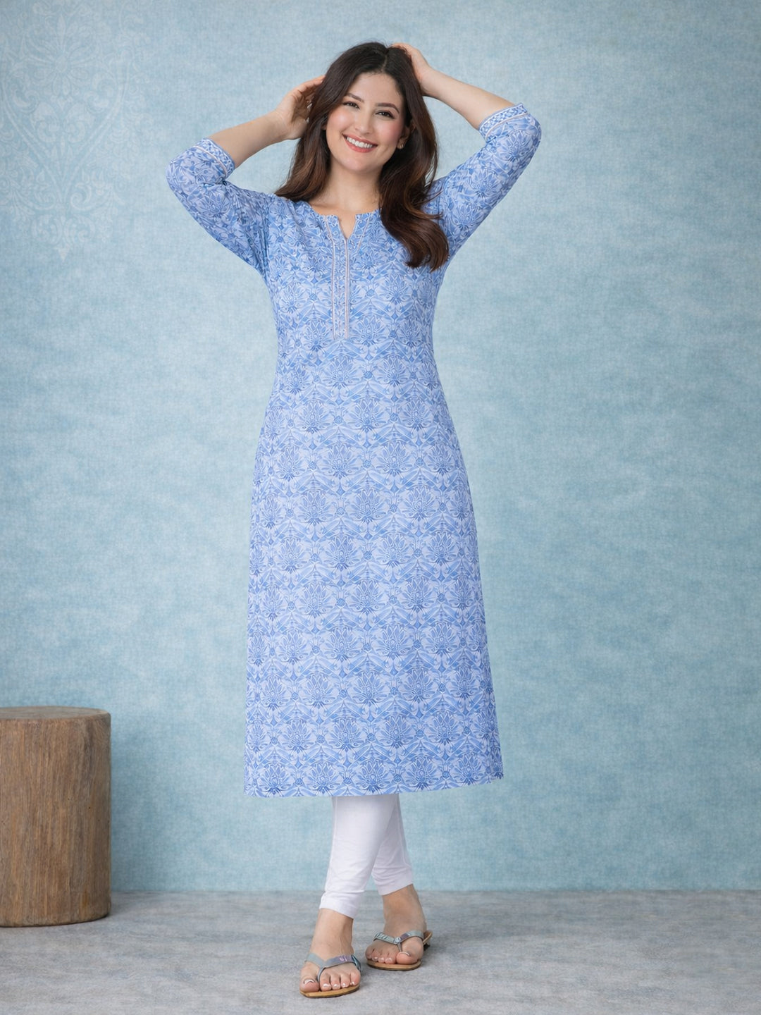 Blue Straight Printed Cotton Kurta