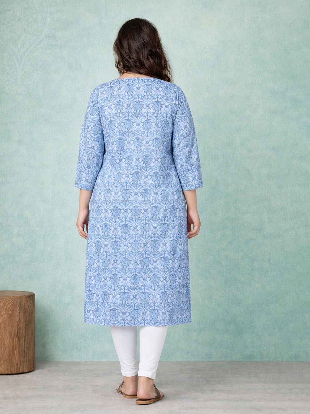 Blue Straight Printed Cotton Kurta