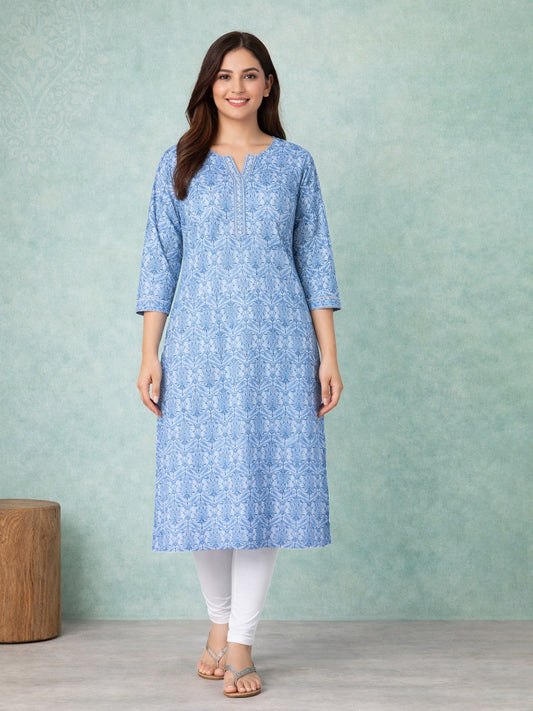 Jevi Prints Blue Straight Printed Cotton Kurta