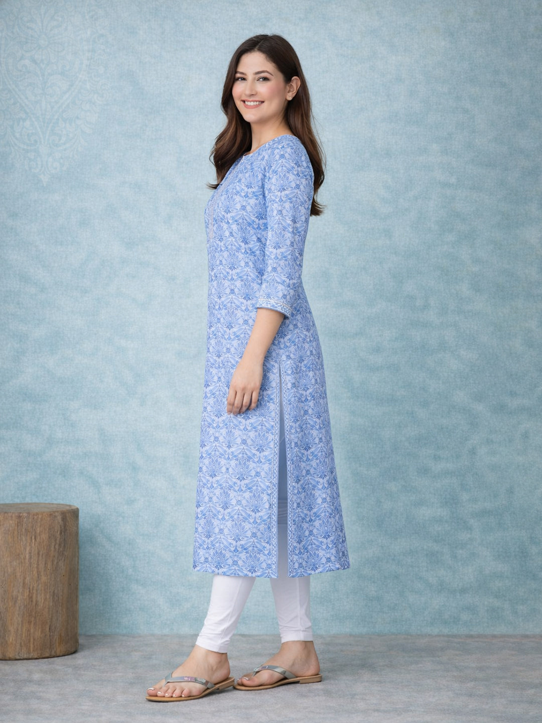 Blue Straight Printed Cotton Kurta