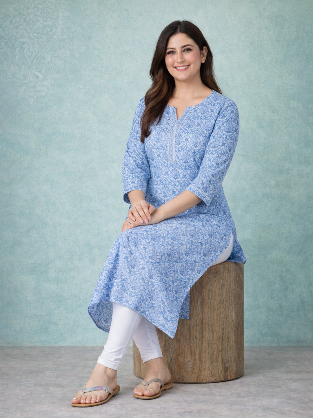 Blue Straight Printed Cotton Kurta