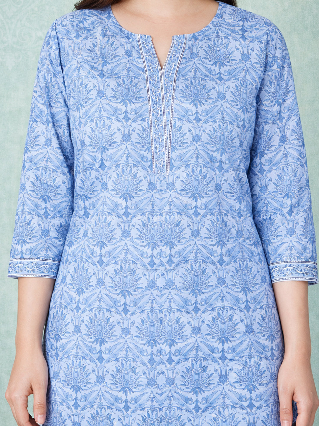 Blue Straight Printed Cotton Kurta