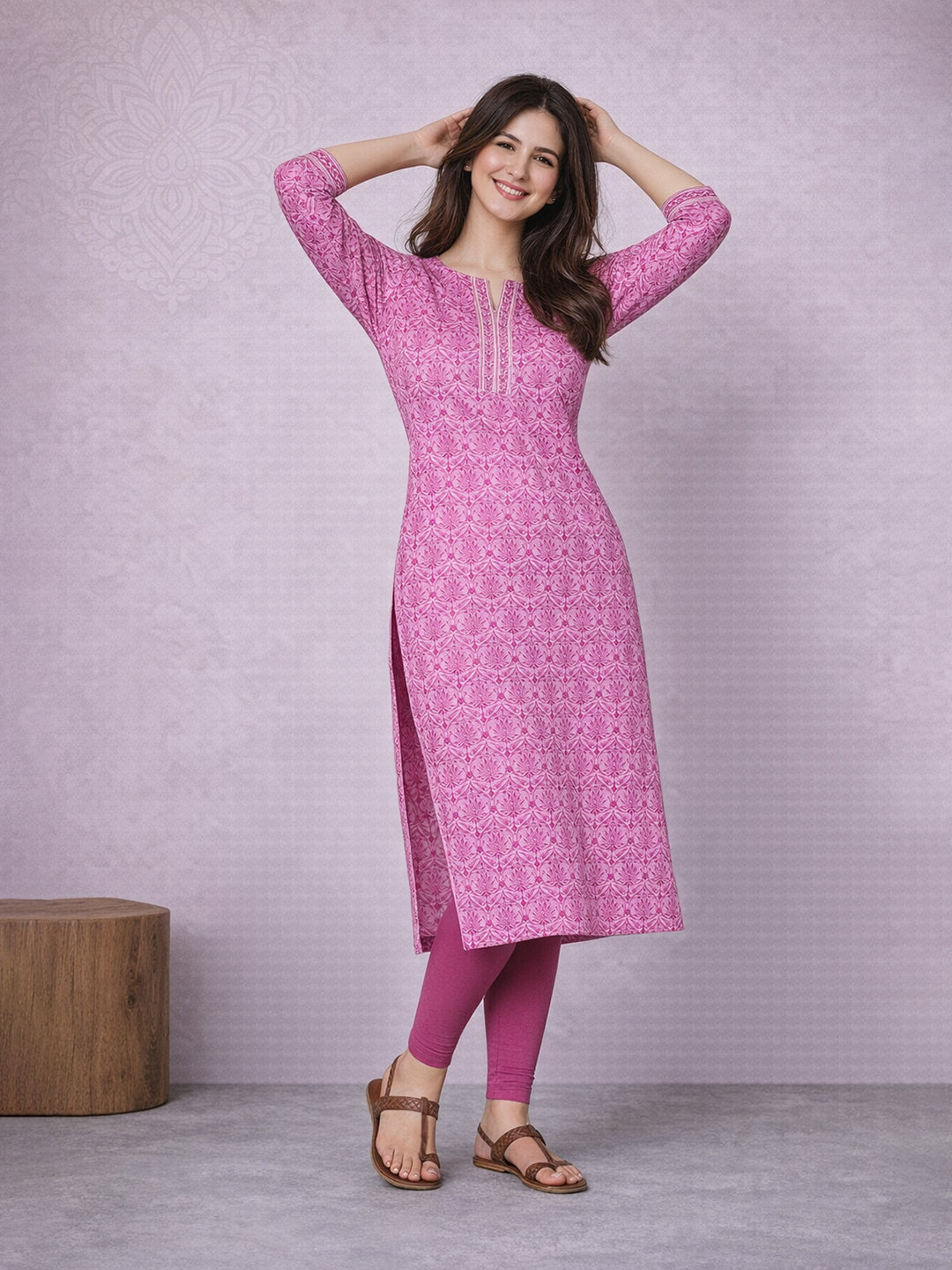 Pink Straight Printed Cotton Kurta