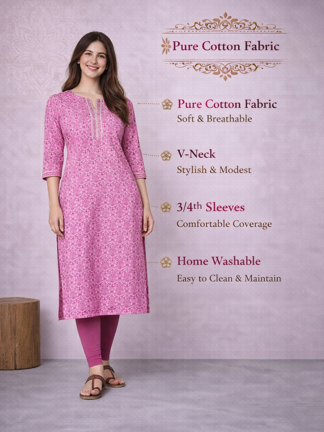 Pink Straight Printed Cotton Kurta