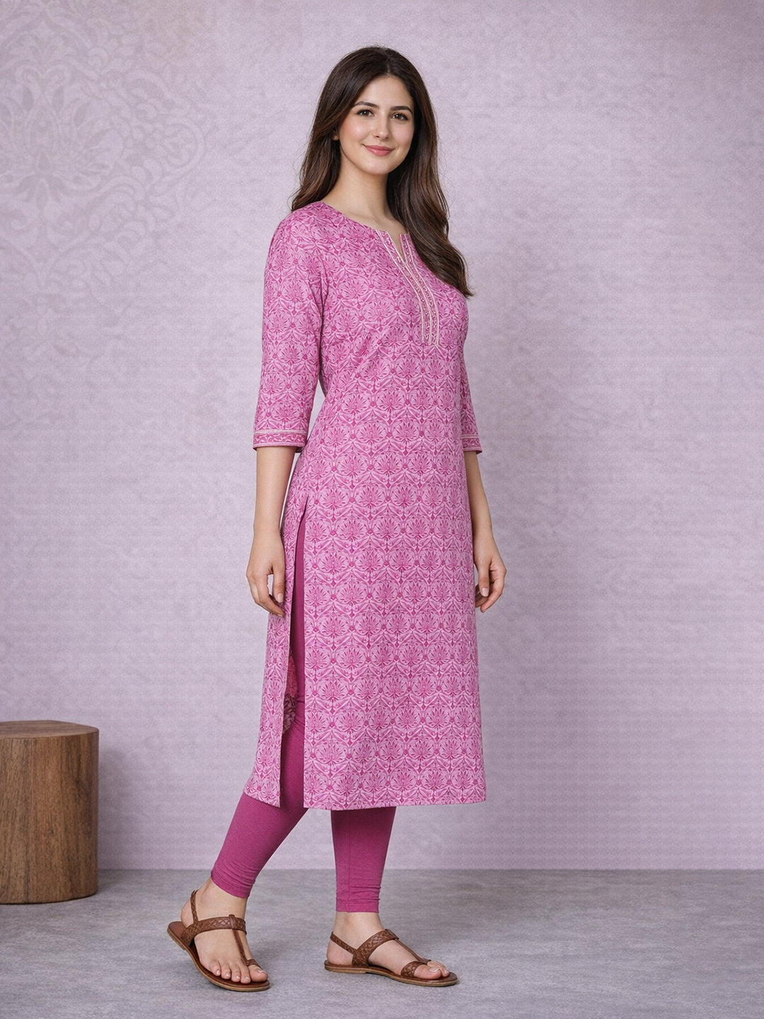 Pink Straight Printed Cotton Kurta