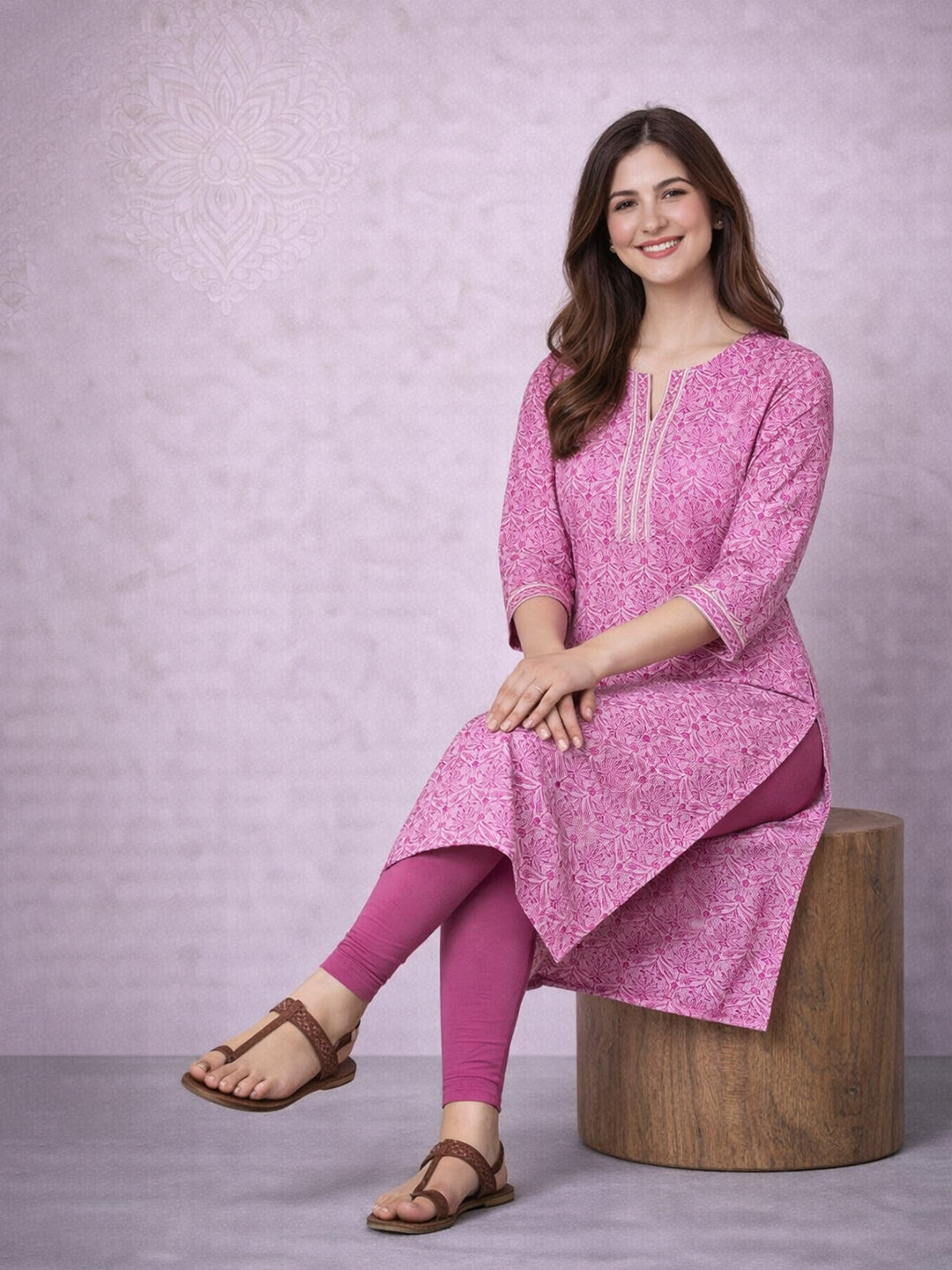 Pink Straight Printed Cotton Kurta