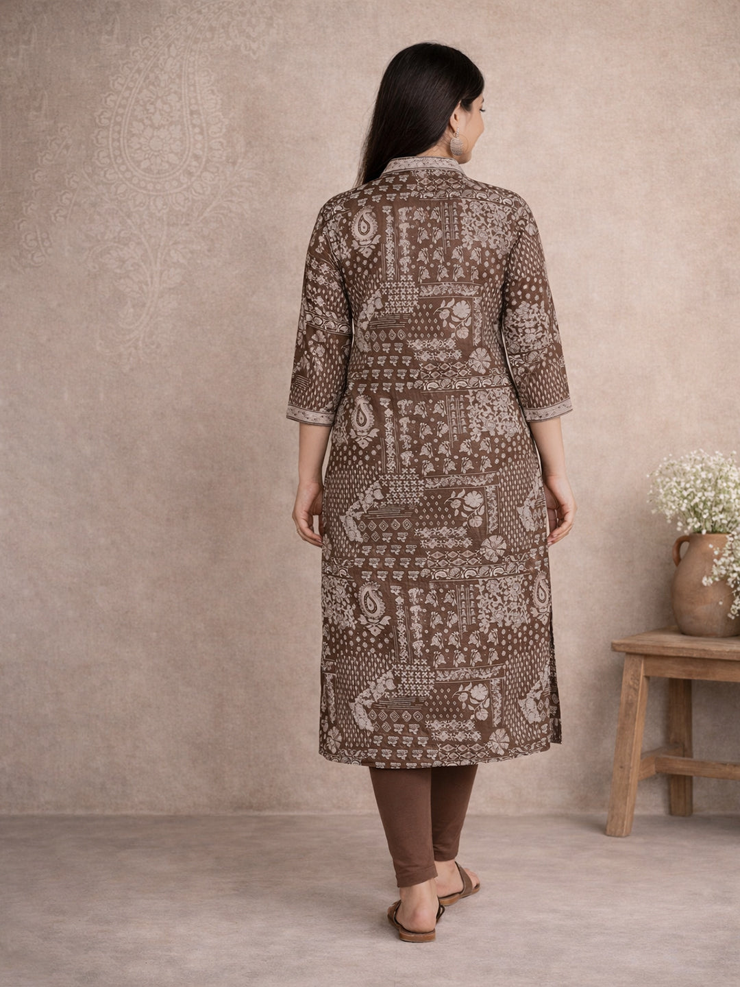 Brown Ethnic Printed Cotton Kurta