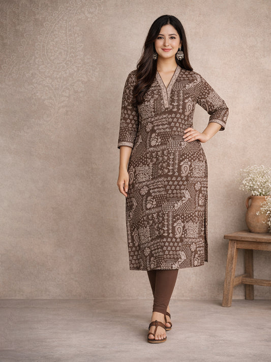 Jevi Prints Brown Ethnic Printed Cotton Kurta