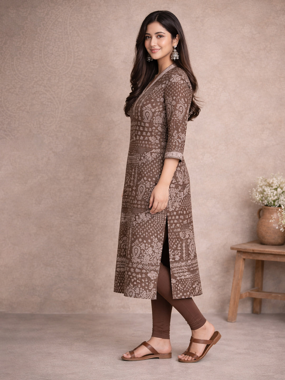 Brown Ethnic Printed Cotton Kurta