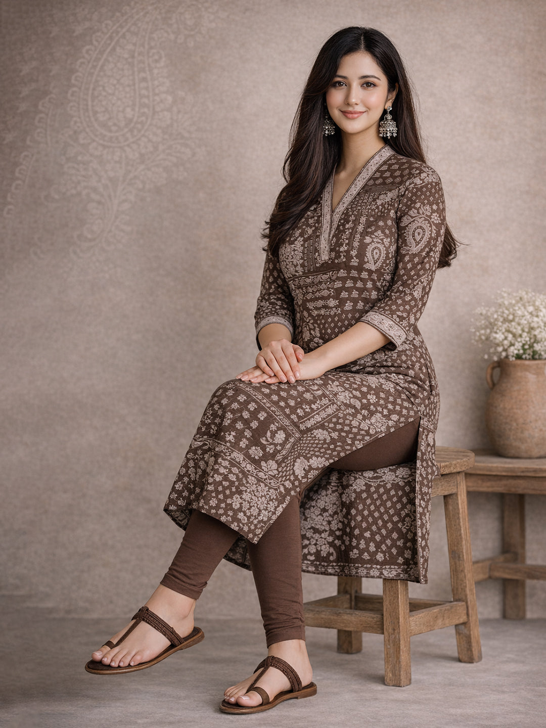 Brown Ethnic Printed Cotton Kurta