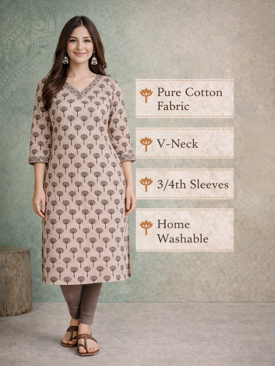 Beige Everyday Printed Cotton Kurta