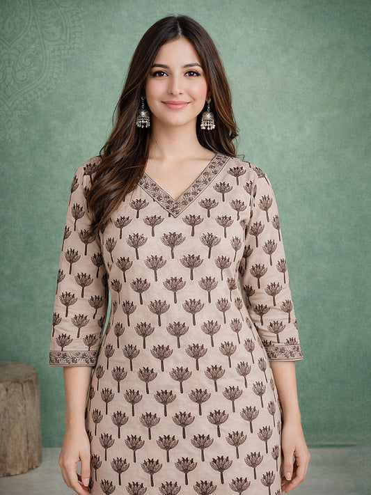 Beige Everyday Printed Cotton Kurta