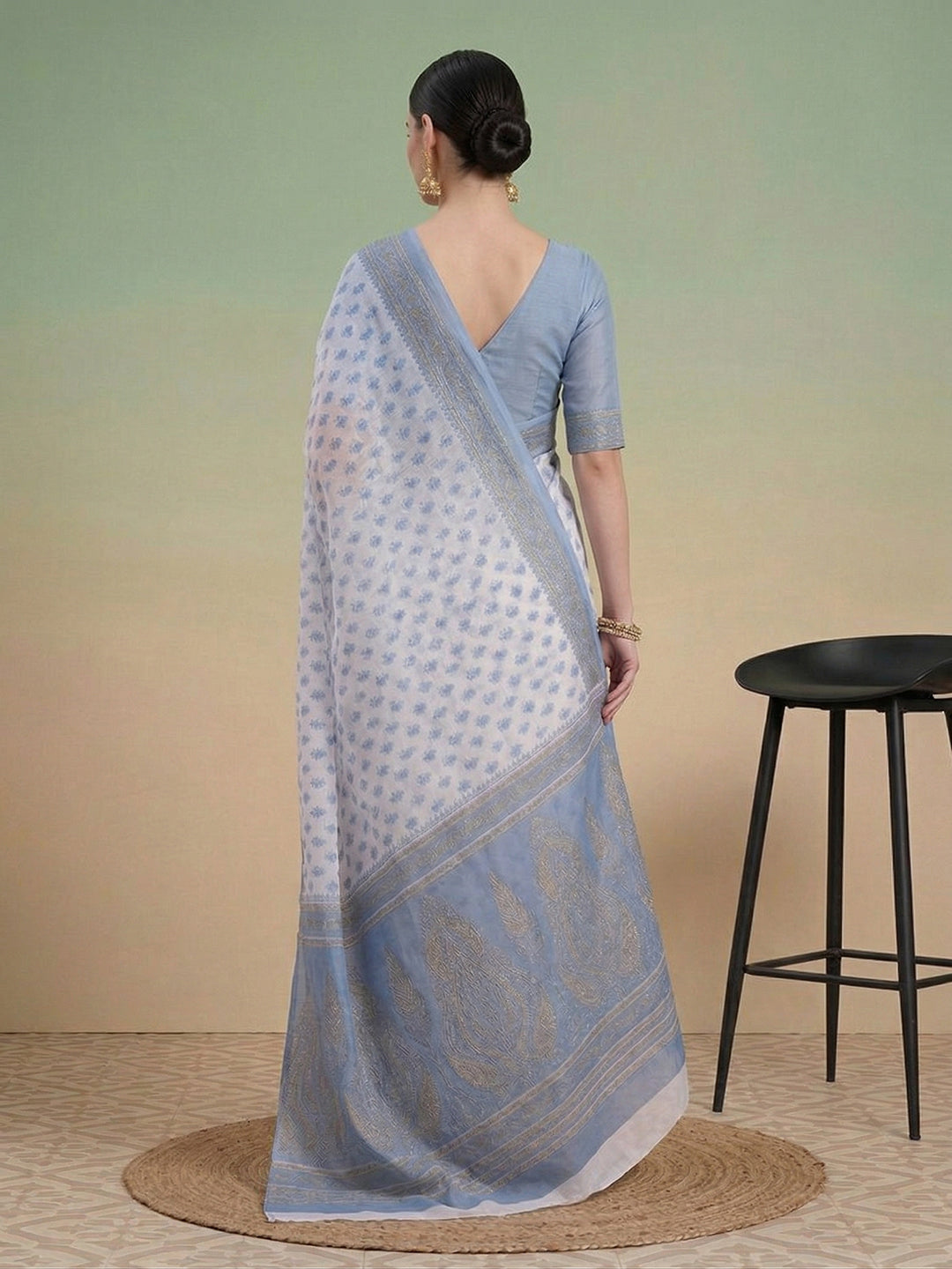 Blue Floral Print Pure Cotton Saree | No Blouse Piece