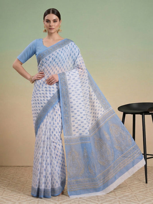 Blue Floral Print Pure Cotton Saree | No Blouse Piece