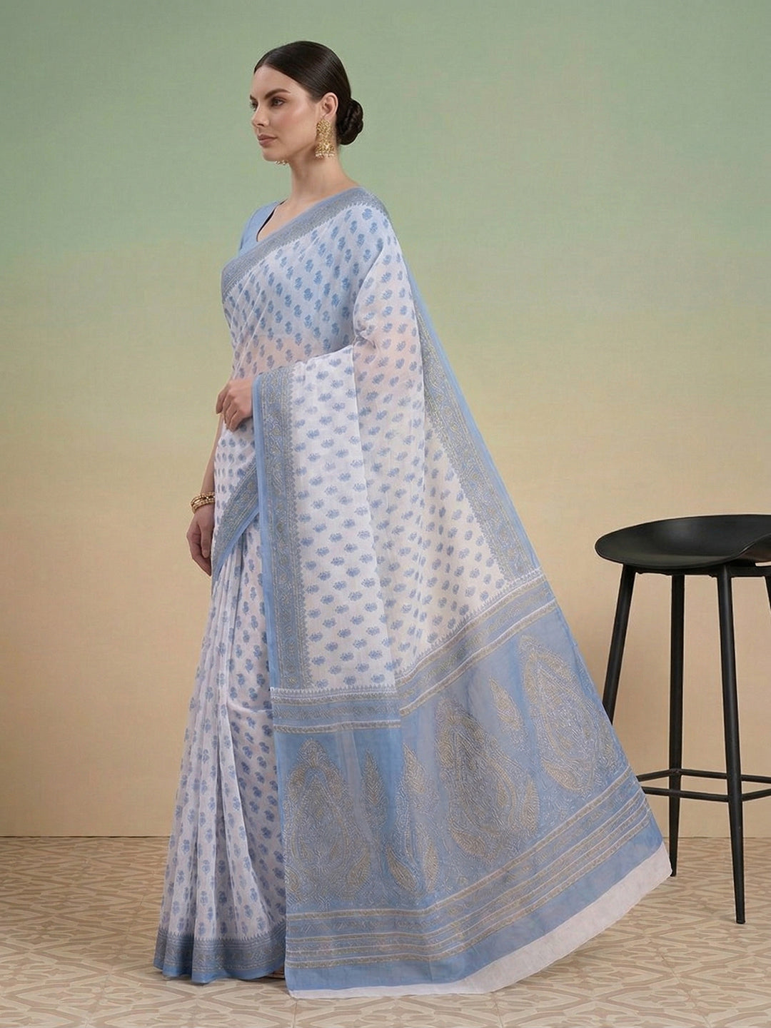 Blue Floral Print Pure Cotton Saree | No Blouse Piece