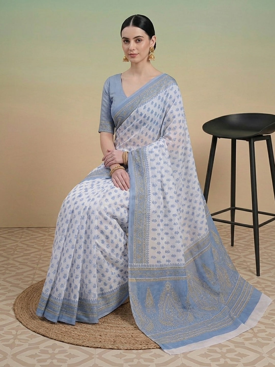 Blue Floral Print Pure Cotton Saree | No Blouse Piece