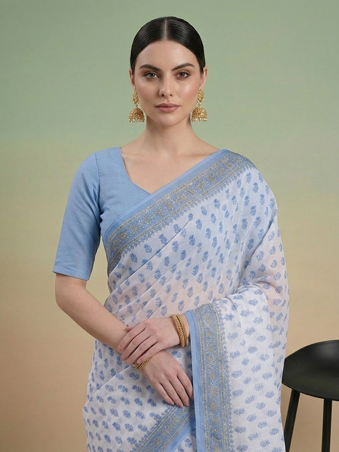 Blue Floral Print Pure Cotton Saree | No Blouse Piece