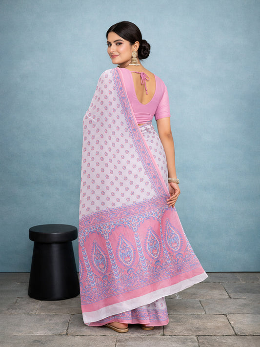 Pink Floral Print Pure Cotton Saree | No Blouse Piece