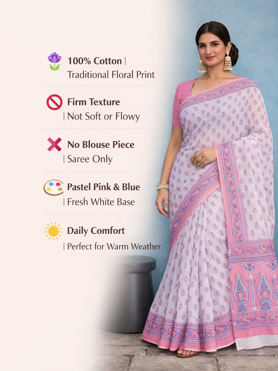 Pink Floral Print Pure Cotton Saree | No Blouse Piece