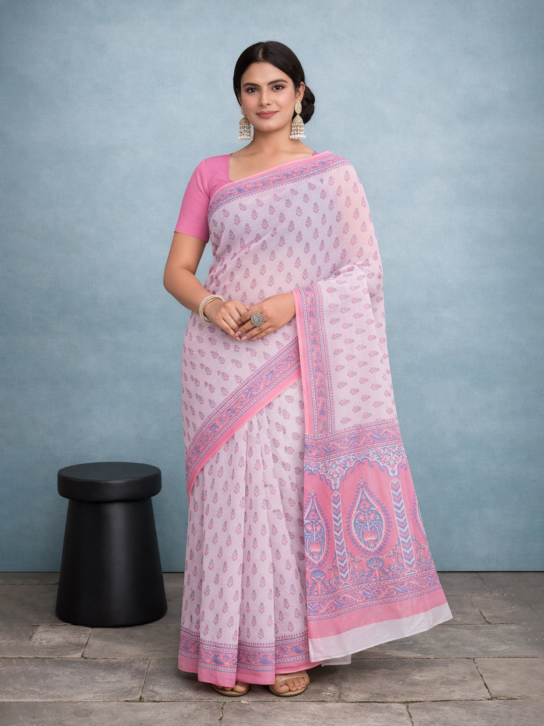 Pink Floral Print Pure Cotton Saree | No Blouse Piece