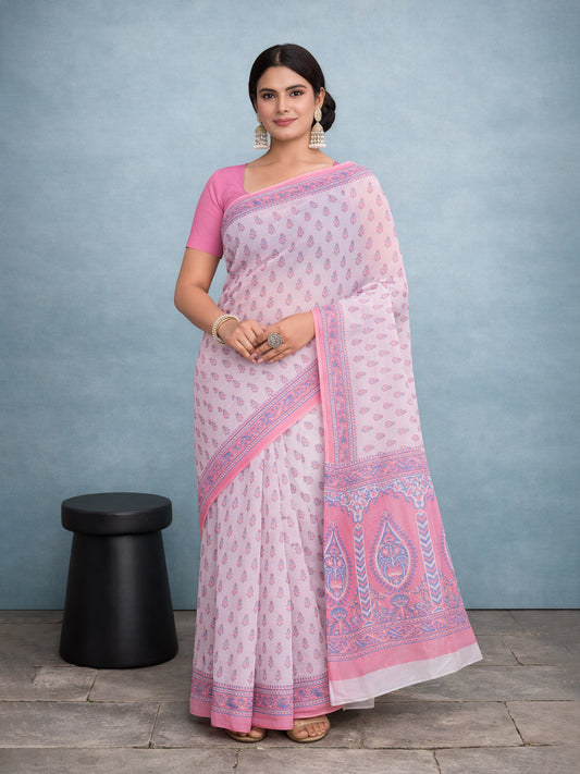 Pink Floral Print Pure Cotton Saree | No Blouse Piece