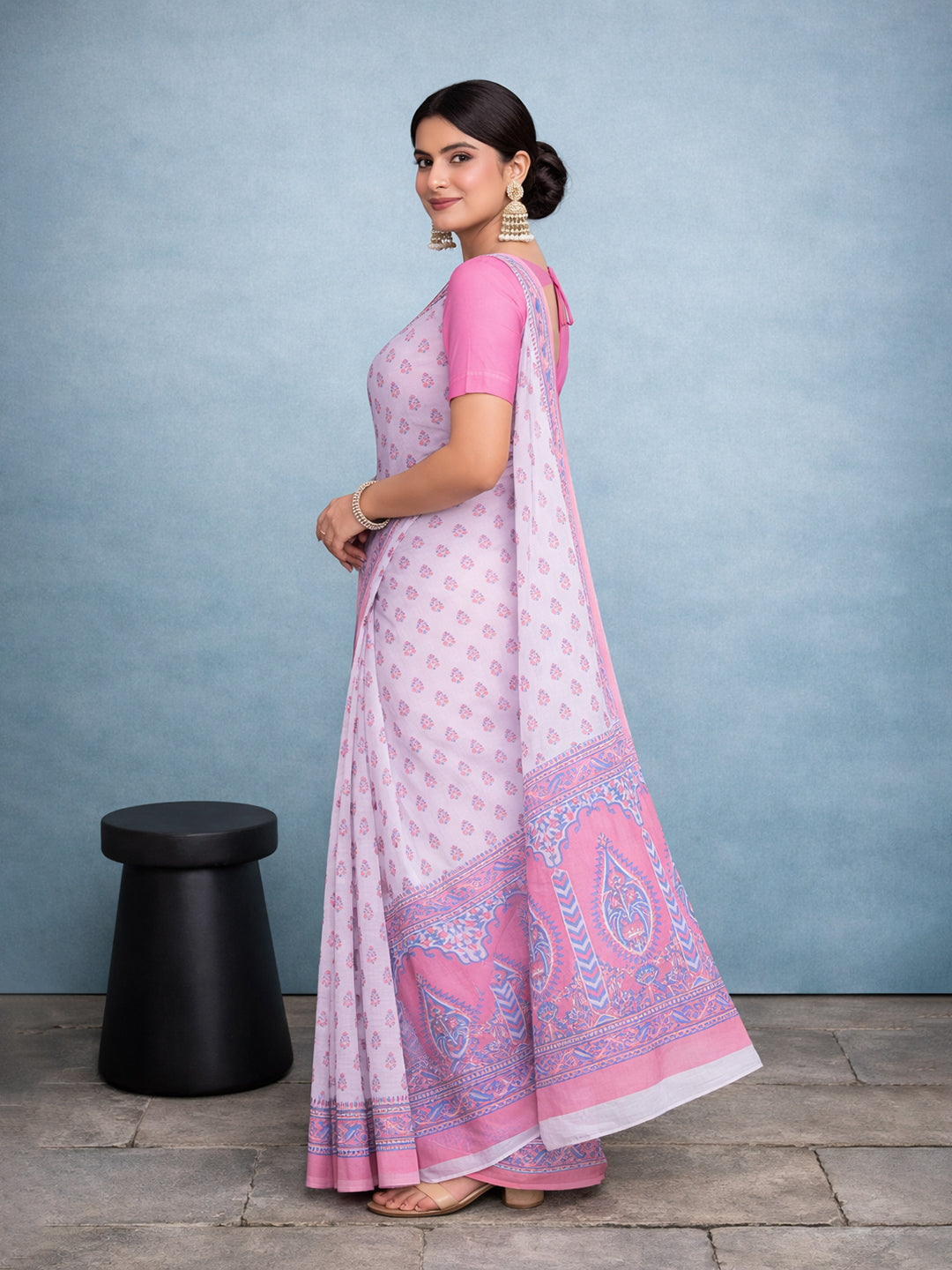 Pink Floral Print Pure Cotton Saree | No Blouse Piece