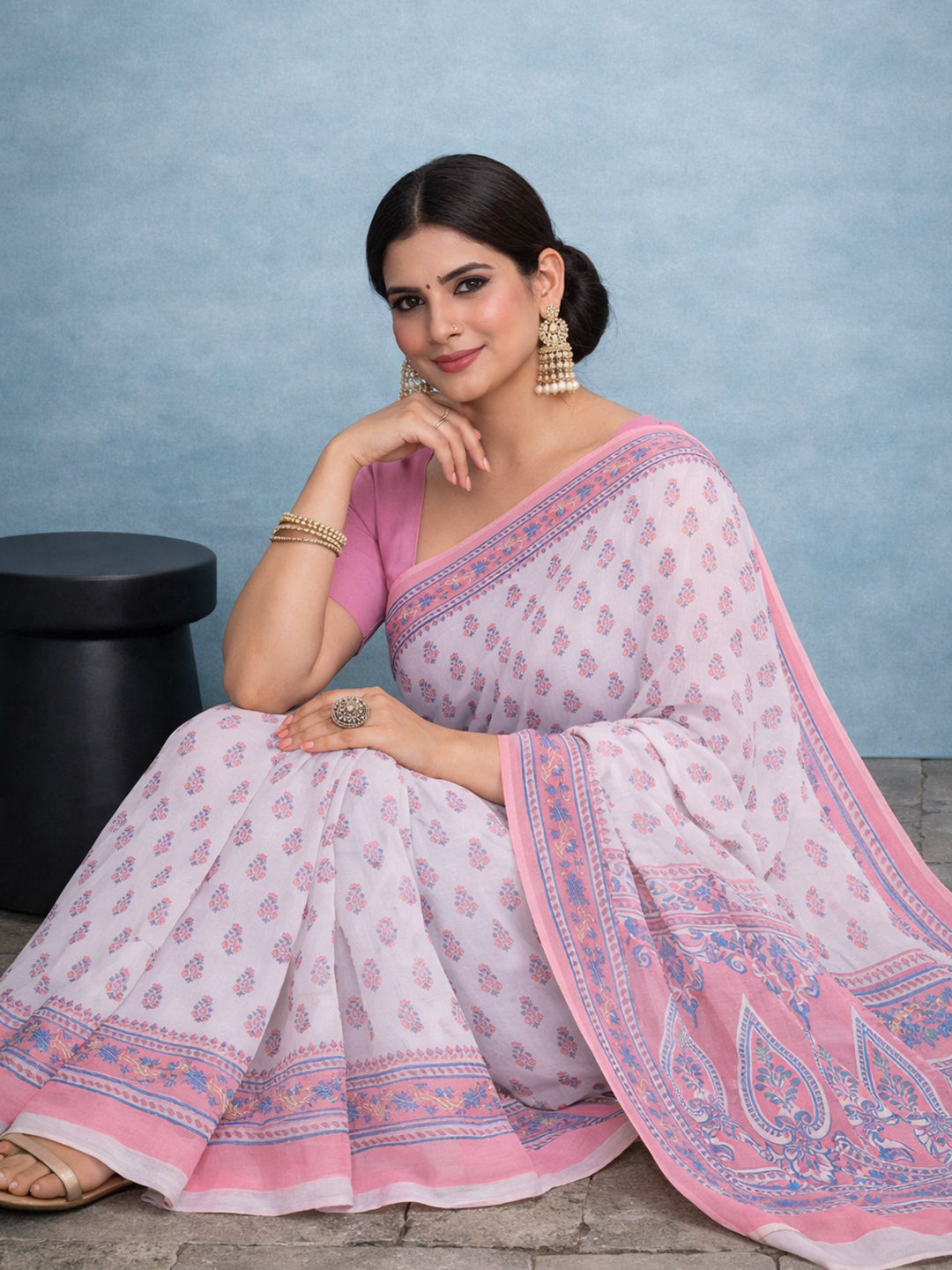 Pink Floral Print Pure Cotton Saree | No Blouse Piece