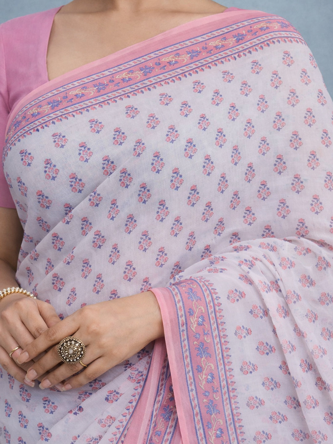 Pink Floral Print Pure Cotton Saree | No Blouse Piece