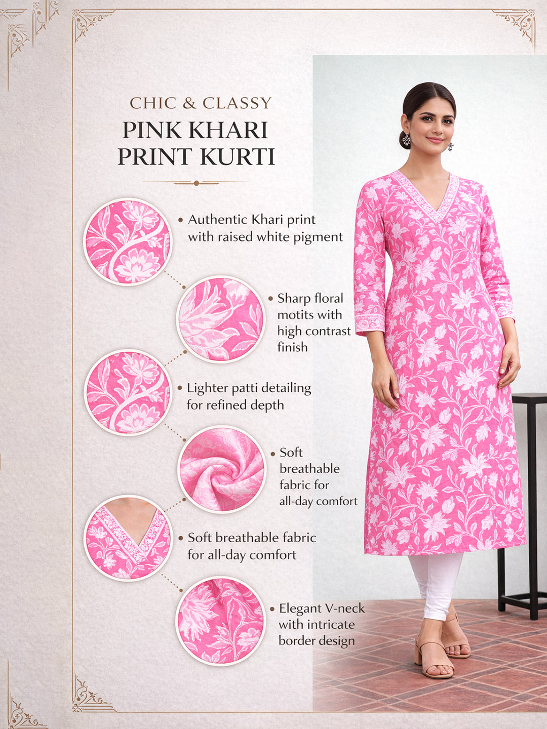 Pink Cotton Printed Kurti for Women