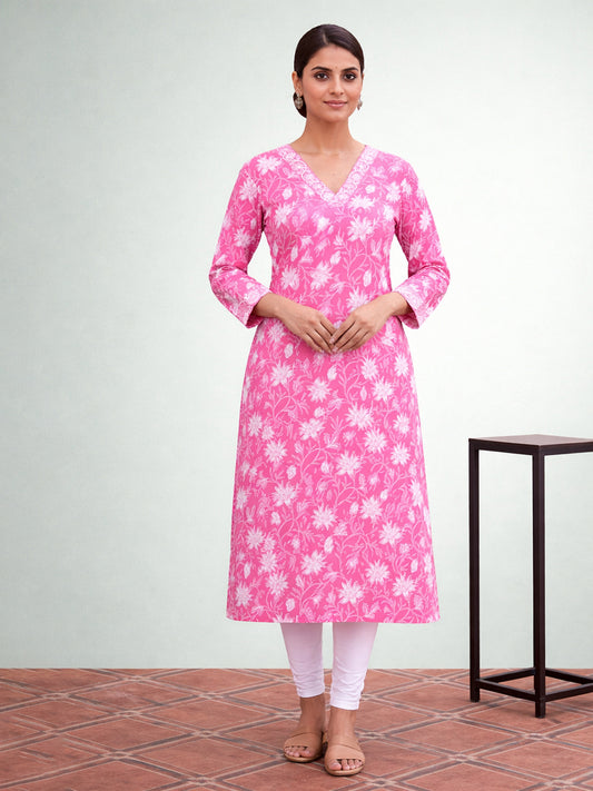 Pink Cotton Printed Kurti for Women