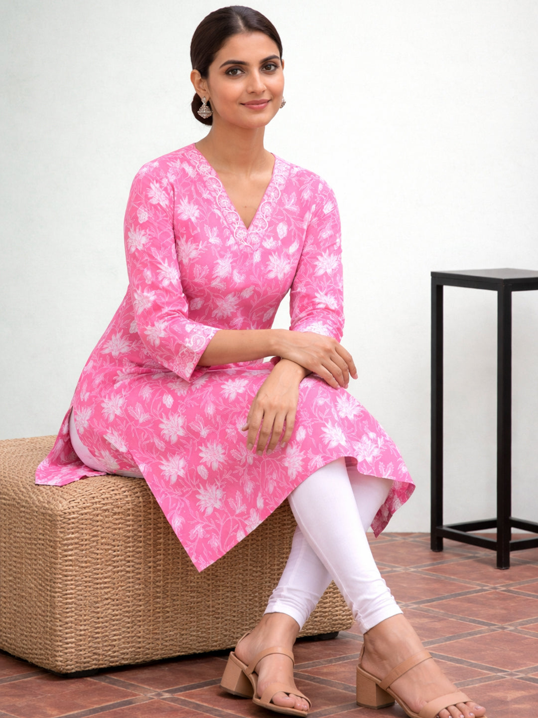 Pink Cotton Printed Kurti for Women